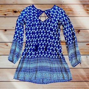 Band of Gypsies Blue and White Long Sleeve Tunic Dress